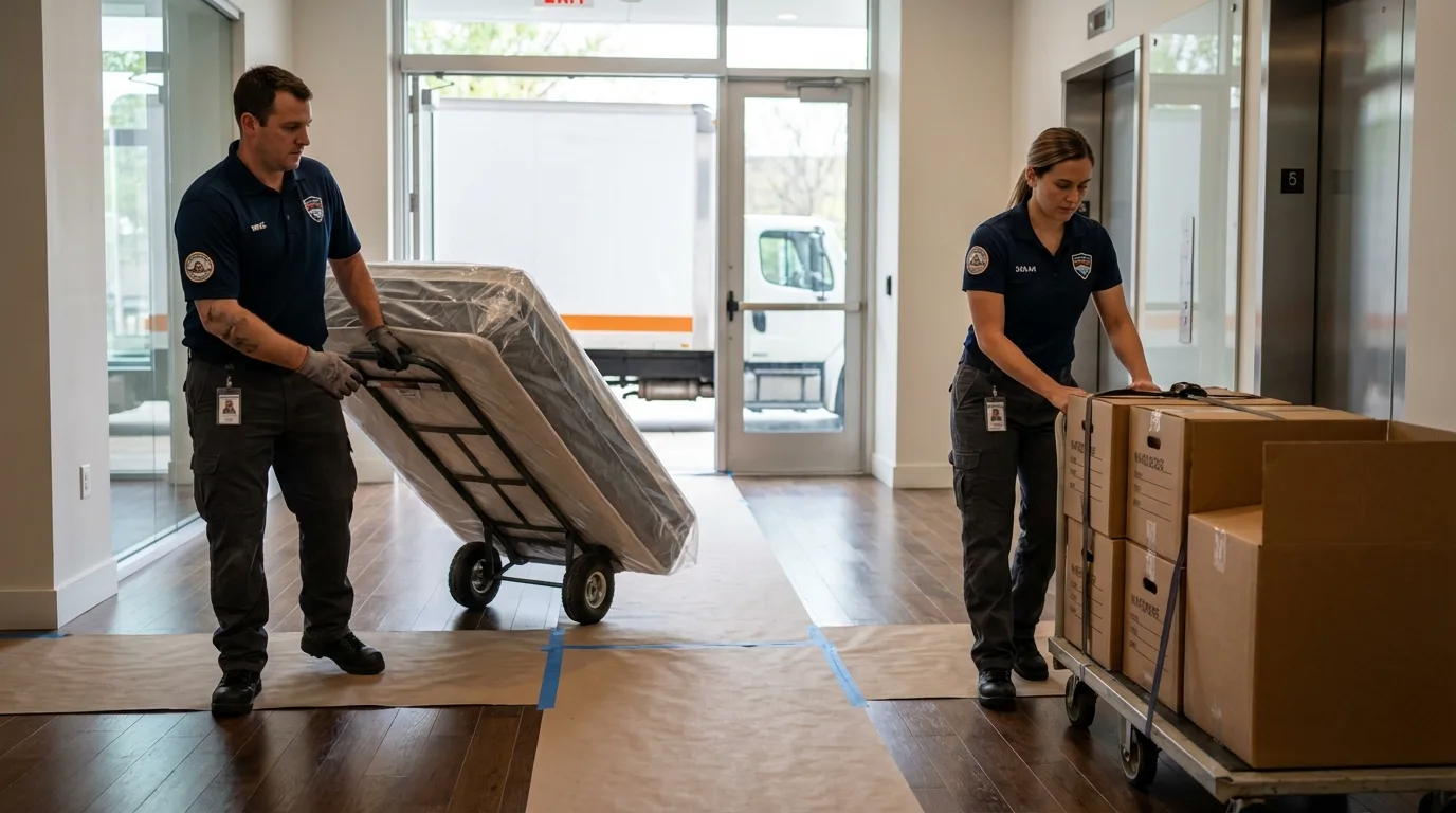 Professional apartment movers loading elevator in Earlington, KY